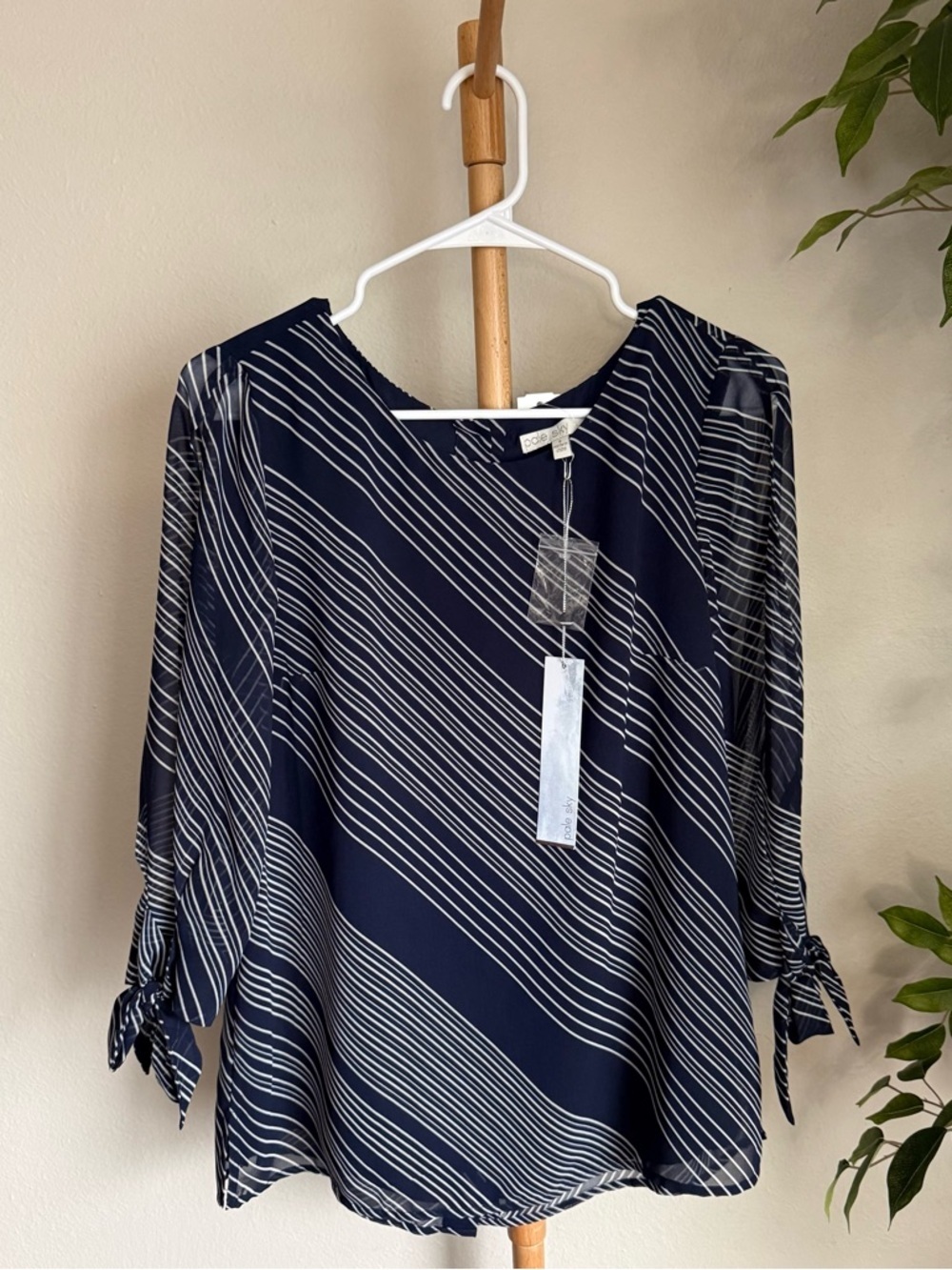 Pale Sky Nashua Cold Shoulder Tie Sleeve Detail Top in Navy Blue Size Smll NWT